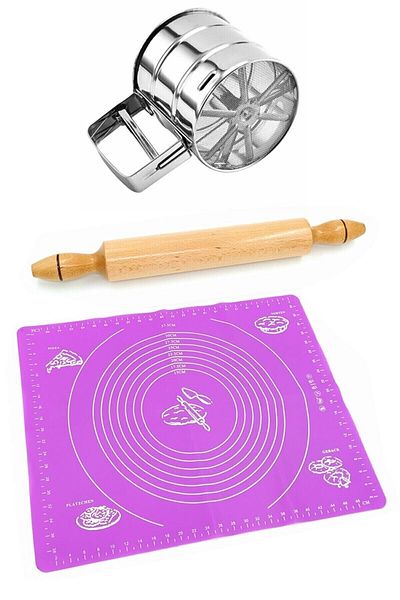 UNDERGROUND TRADE Dough Rolling Set / Silicone Dough Mat + Roller 43 Cm + Flour Sieve