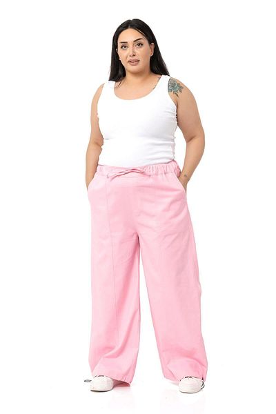 DISENTIS MODEST Large Size Wide Leg Gabardine Pink Trousers with Tie Detail