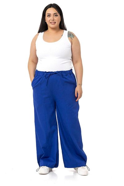 DISENTIS MODEST Plus Size Wide Leg Gabardine Saks Blue Trousers with Tie Detail