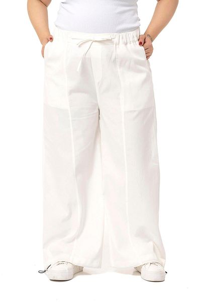DISENTIS MODEST Large Size Wide Leg Gabardine White Trousers with Tie Detail