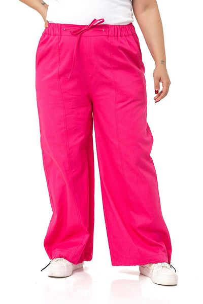 DISENTIS MODEST Large Size Wide Leg Gabardine Fuchsia Trousers with Tie Detail