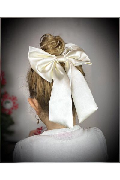QUEEN AKSESUAR Large Luxury Satin Bow Off White Cream Automatic Clip Buckle Women And Children