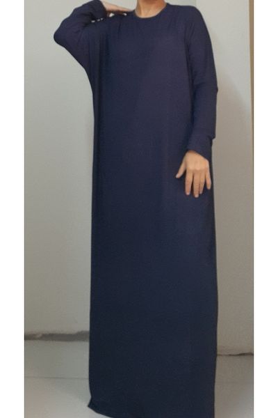 Mertcan Butik Μπλε ναυτικό μανίκι casual χτενισμένο βισκόζη φόρεμα hijab