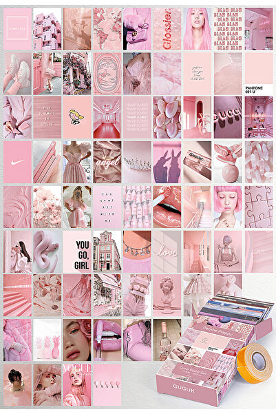 GUGUK Pembe Preppy Temalı 72 Adet Duvar Poster Seti, Özel Tasarım Kutulu, Oda...