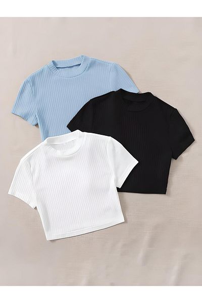 ÖZ PAMUK Tricou crop tricotat din bumbac negru cu nervuri, 3 piese, pentru femei