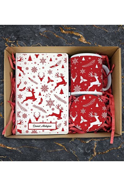 Yaprak Hediyelik Kişiye Özel Yılbaşı Tasarımlı Mutlu Yıllar Ajanda Kupa Bardak Ve Bardak Altlığı Seti