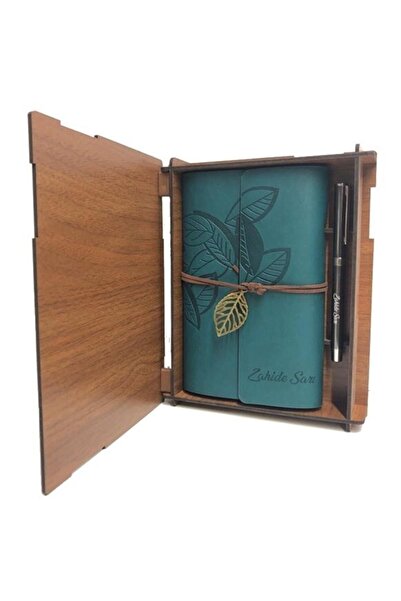 Yaprak Hediyelik Kişiye Özel Isim Baskılı Ahşap Kutulu Defter Kalem Seti - Zü...