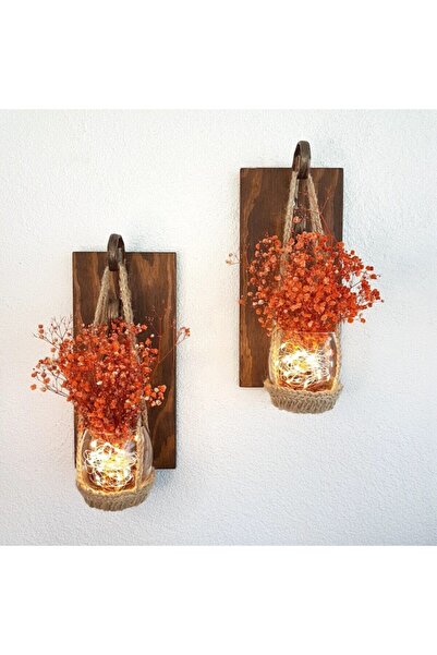 STDEKOR Turuncu Cipso Çiçekli, Led Işıklı Ceviz Duvar Dekoru Ikili Set