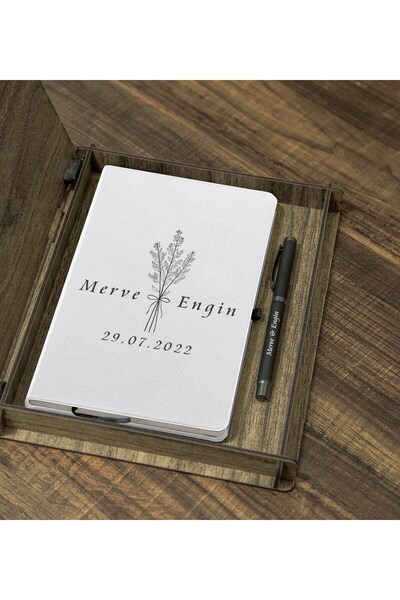 Yaprak Hediyelik Çiftlere Özel İsim Baskılı Ahşap Kutulu Ajanda Kalem Seti - 4