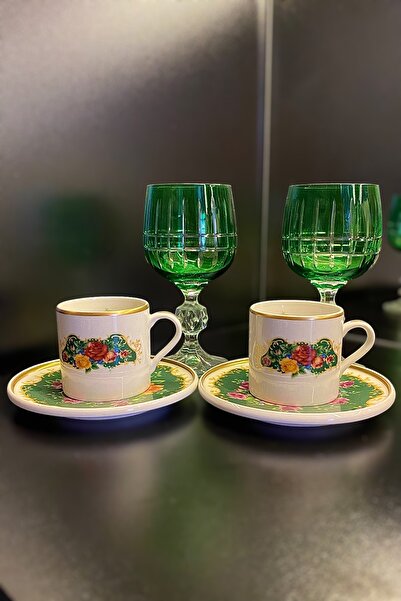 LEMİ DEKORASYON 2 Li Kahve Fincanı-Kadeh Seti Yeşil