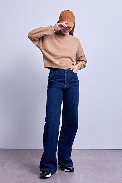 Lixera بنطلون رامرود أزرق داكن عالي الخصر وواسع الساق بالازو فضفاض