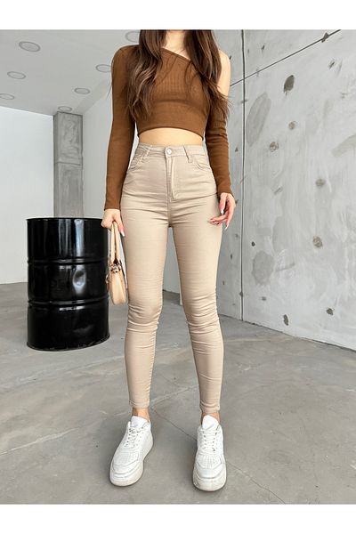 BİKELİFE Beigefarbene, knöchellange, schmale Lycra-Hose mit hoher Taille und schmalem Bein