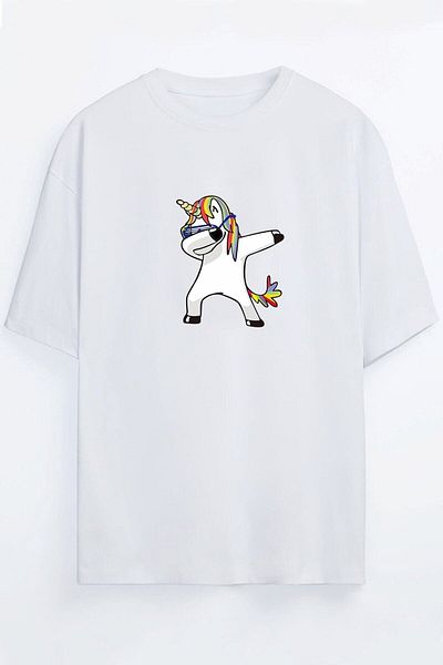 Yaprak Hediyelik Dabbing Unicorn Printed Unisex White T-Shirt