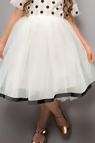 Riccotarz Girl's Ribbon Buckle and Stripe Detailed Tulle Polka Dot White Dress