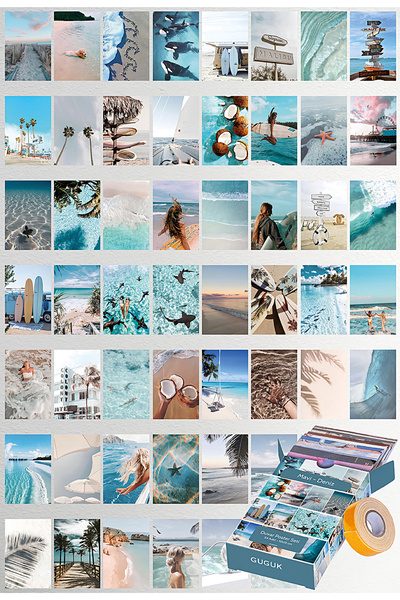 GUGUK Mavi-deniz Temalı 54 Adet Poster Seti, Özel Tasarım Kutulu, Oda Dekoru