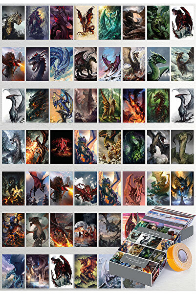 GUGUK Ejderha 54 Adet Poster Seti, Özel Tasarım Kutulu, Oda Dekoru