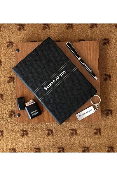 Yaprak Hediyelik Kişiye Özel Isim Baskılı Ajanda Çakmak Kalem Anahtarlık Seti