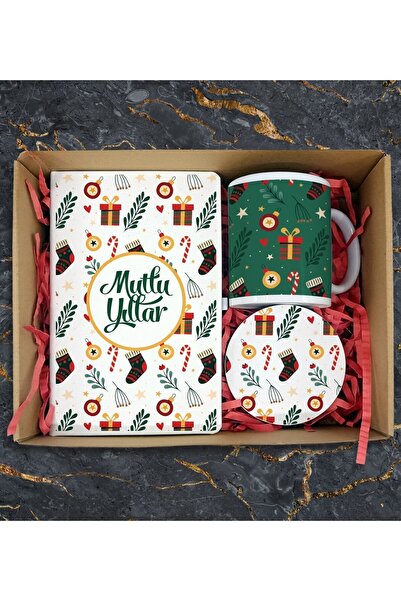 Yaprak Hediyelik Yılbaşı Özel Tasarımlı Mutlu Yıllar Ajanda Kupa Bardak Ve Bardak Altlığı