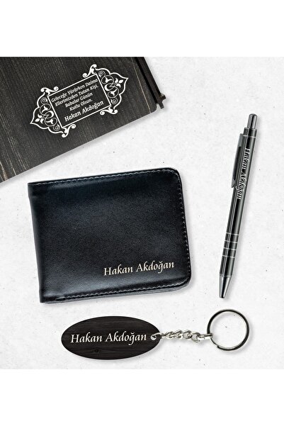 Yaprak Hediyelik Kişiye Özel Ahşap Kutusunda Cüzdan Kalem Anahtarlık Seti