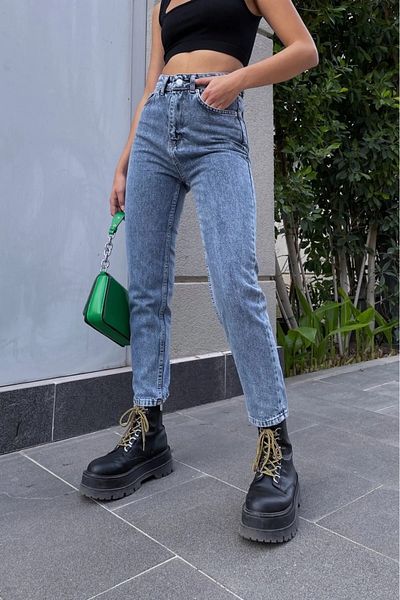 DRC trend Rüyya Blugi de damă, albastru deschis, spălat cu zăpadă, cu talie înaltă, din denim Mom Jeans Boyfriend