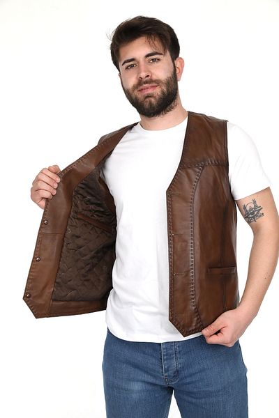 EGE DERİ 100% GENUINE LAMB LEATHER BLANKED TAN MEN'S VEST