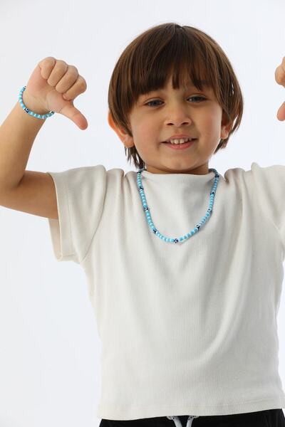 Akmer Nazar boncuklu mavi erkek çocuk kolye bileklik seti