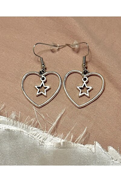 sleyshop Kalp Yıldız Gümüş Renk Küpe