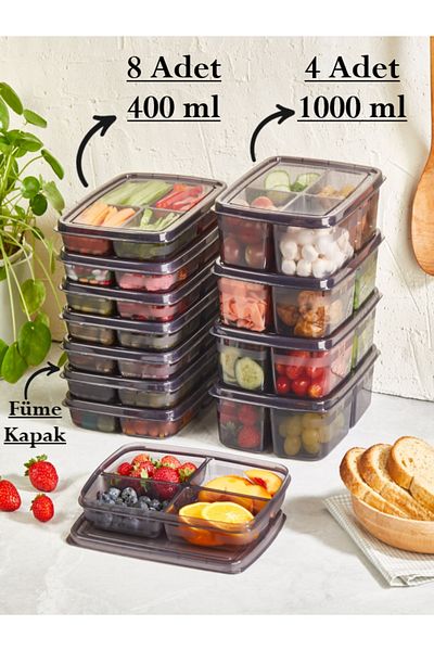 Bayev Smoked 12-Piece Storage Set 8 4 (8 Pieces 100 ml) (4 PCS 250 ML) 4-Compartment Meat Grinder Storage Container