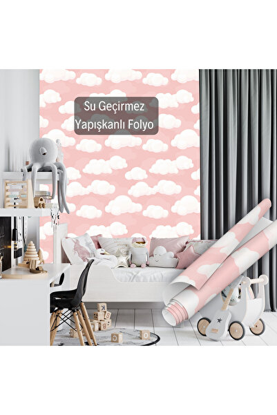 Dekoros Pembe Bulut Desenli Yapışkanlı Folyo, Suya Dayanıklı Bebek, Çocuk Odası ve Kreş Kaplama Folyosu 1227