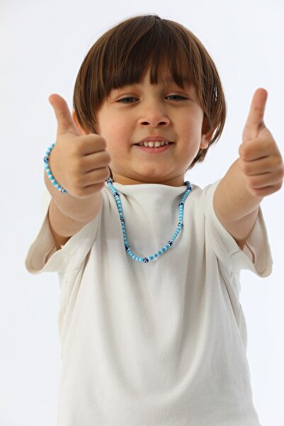 Akmer Nazar boncuklu mavi erkek çocuk kolye bileklik seti