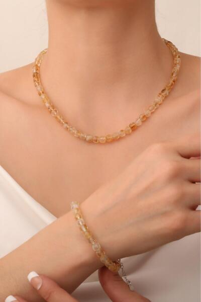 Dünya Doğal Taş Sitrin Taşı Kolye ve Bileklik Takımı (925 Ayar Gümüş Aparatlı)