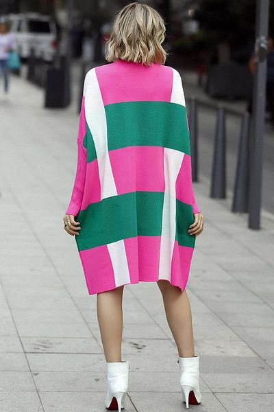 ALCHON Decolteu cu mâneci lungi cu nervuri, bloc de culoare, carouri, lungime midi, tricotaj de iarnă, tricotaj, poncho, pulover