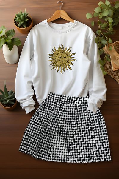 ADA BEBEK ÇOCUK Stylish Plaid Skirt Talisman Patterned Sweat Skirt Bottom Top Set