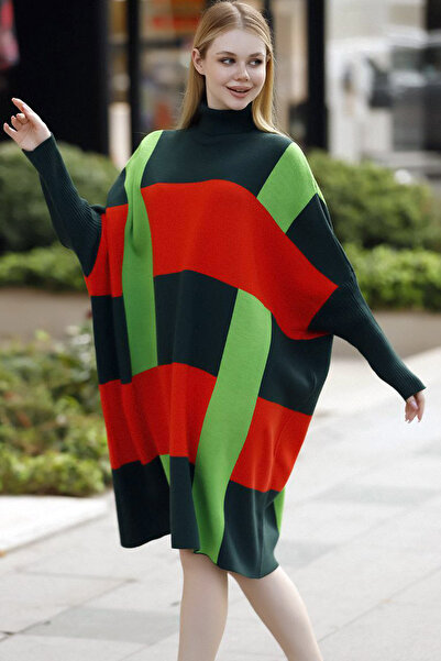 ALCHON Decolteu cu mâneci lungi cu nervuri, bloc de culoare, carouri, lungime midi, tricotaj de iarnă, tricotaj, poncho, pulover