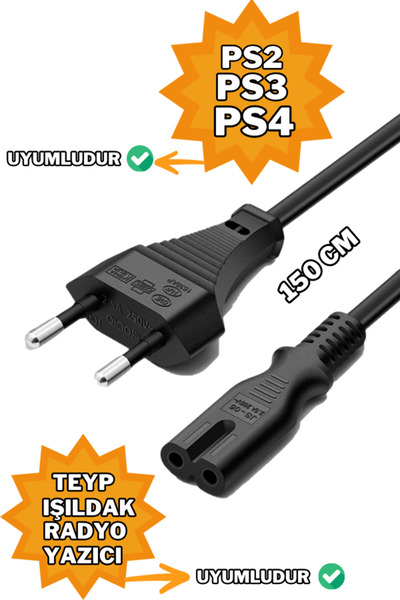 Maybax 1.5 Metre Teyp Fiş Işıkldak Radyo PS2 PS3 PS4 Güç Kablo Teyip Fişi Teyp Power PS4 Fişi Işıldak Fişi