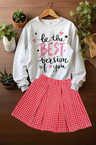 ADA BEBEK ÇOCUK Stylish Plaid Skirt Bee The Best Sweat Skirt Bottom Top Set