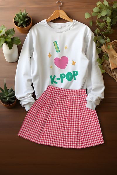 ADA BEBEK ÇOCUK Stylish Plaid Skirt Patterned Sweat Skirt Bottom and Top Set