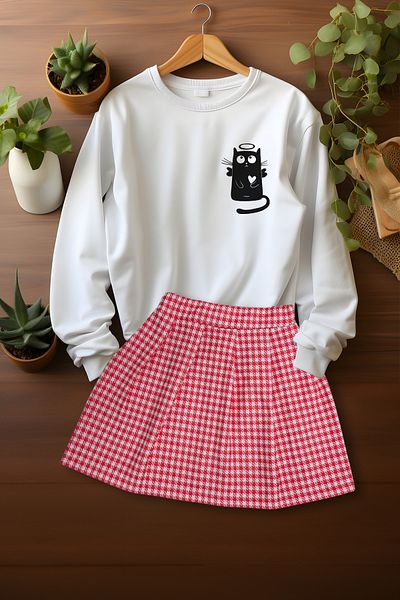 ADA BEBEK ÇOCUK Stylish Plaid Skirt BTS Sweat Skirt Bottom Top Set