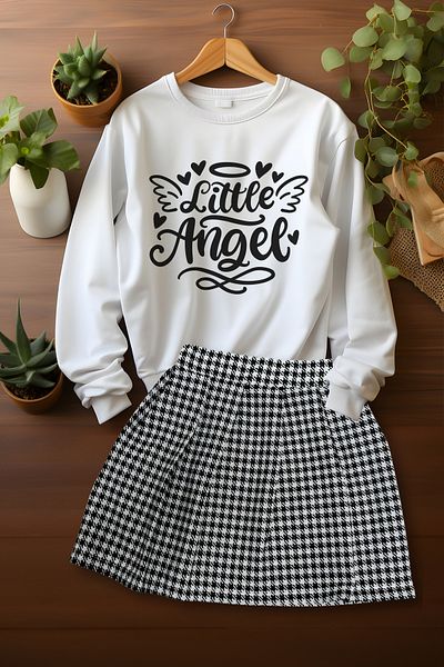 ADA BEBEK ÇOCUK Stylish Plaid Skirt Little Angels Sweat Skirt Bottom Top Set