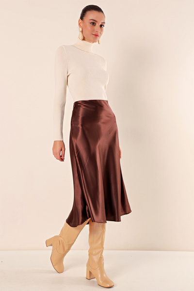 Z GİYİM Women's Brown Ankle Length Satin Skirt