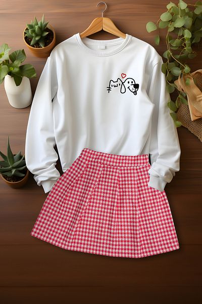 ADA BEBEK ÇOCUK Stylish Plaid Skirt Cute Friends Sweat Skirt Bottom Top Set