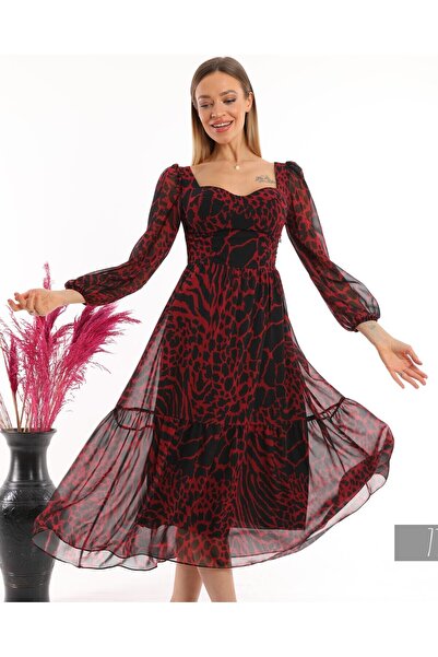 Miss Allos Γυναικείο μακρύ φόρεμα σιφόν με κόκκινο και μαύρο σχέδιο 713