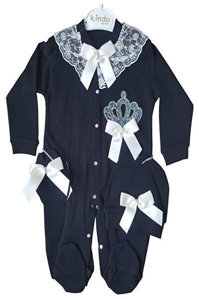 Kindo Baby Stoned Satin Ribbon Black Jumpsuit Set of 3 Jumpsuit, Hat, Gloves