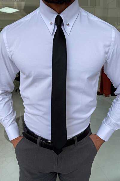 NAZEF Special Production Slim Fit Needle Collar Cotton White Shirt