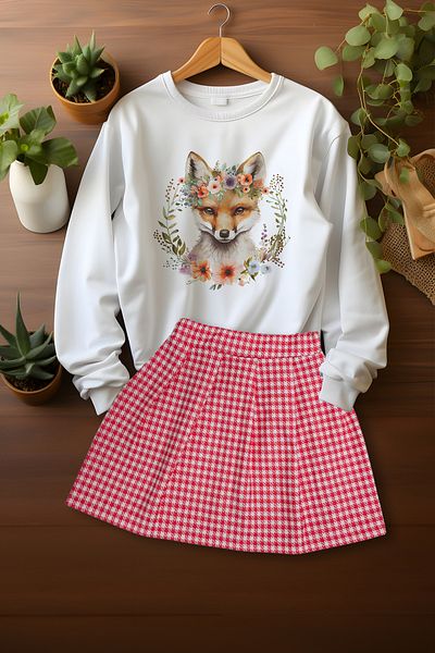 ADA BEBEK ÇOCUK Cute Patterned Sweat Skirt Set with Stylish Plaid Skirt