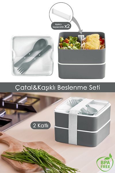 Meleni Home 2-Layer Adjustable Square Lunch Box - Food Storage Box with Fork and Spoon Service Anthracite