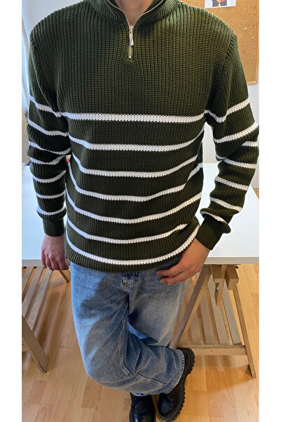 COOL TARZ Khaki-White Men's Regular Zippered Fishing Knitwear Sweater