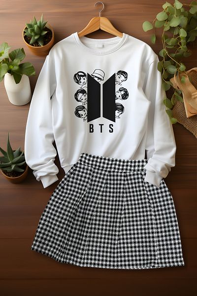 ADA BEBEK ÇOCUK Stylish Plaid Skirt BTS Sweat Skirt Bottom Top Set