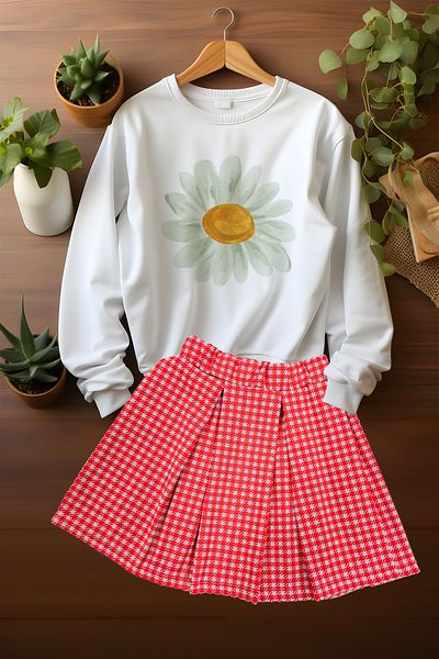 ADA BEBEK ÇOCUK Watercolor Daisy Patterned Sweat Skirt Set with Stylish Plaid Skirt