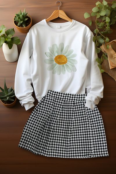 ADA BEBEK ÇOCUK Watercolor Daisy Patterned Sweat Skirt Set with Stylish Plaid Skirt